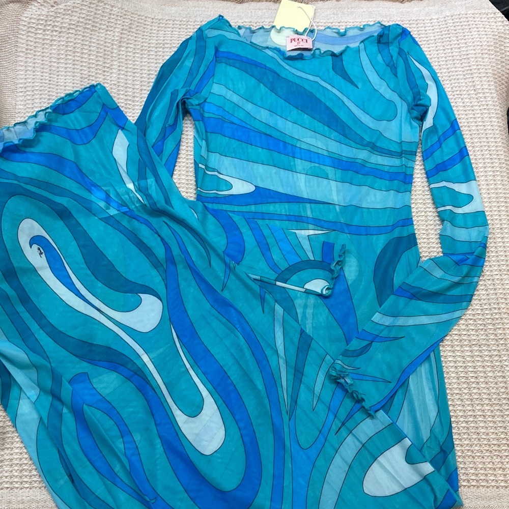 Emilio Pucci Turquoise and Teal Wave-Print Long Sleeve Maxi Dress